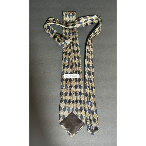 Van Heusen 100% Silk Tie – Navy Blue Gold Diamond Geometric Pattern –Necktie - Picture 2 of 4